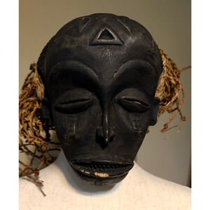 Vintage Angola Hand Carved Chokwe Mask with Jute Hair Cultural Art